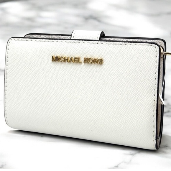 Michael Kors Medium Jet Set Travel Zip Chain Bifold Wallet Leather Optic White - Picture 1 of 8